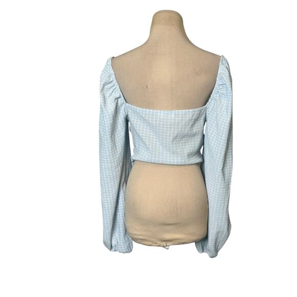 Vestique Blue White Checkered Pattern Long Sleeves Ruched Crop Top size M - Picture 15 of 16